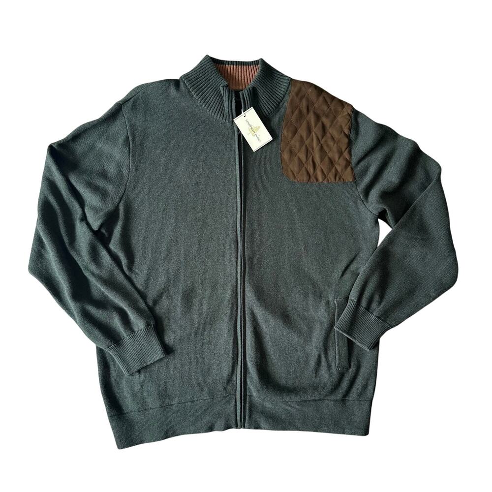 Southern Pines Full Zip Cotton Quilted Shoulder Cardigan Sweater Green L NEW
